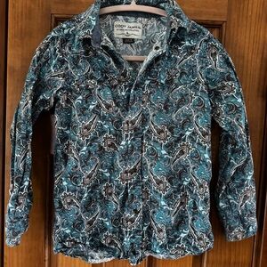 Cody James Pearl Snap Short Boys Medium Turquoise Brown Paisley Western Rodeo